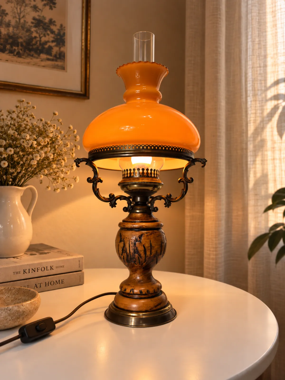 lampa stołowa naftowa vintage retro bursztynowy klosz