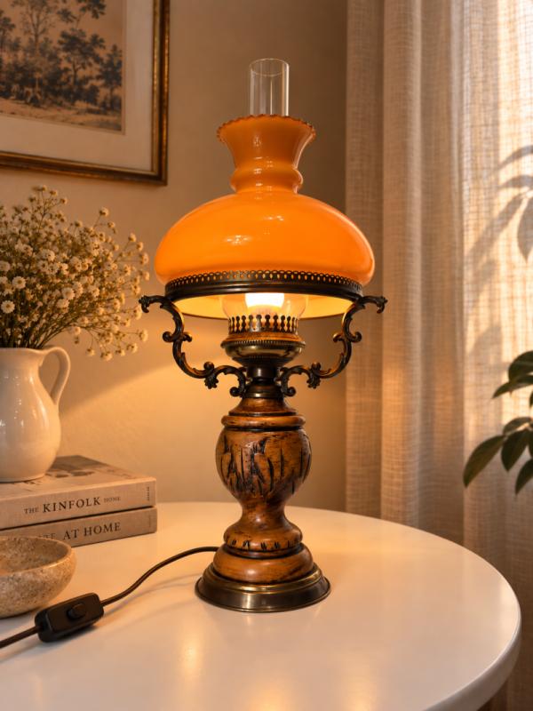 lampa stołowa naftowa vintage retro bursztynowy klosz