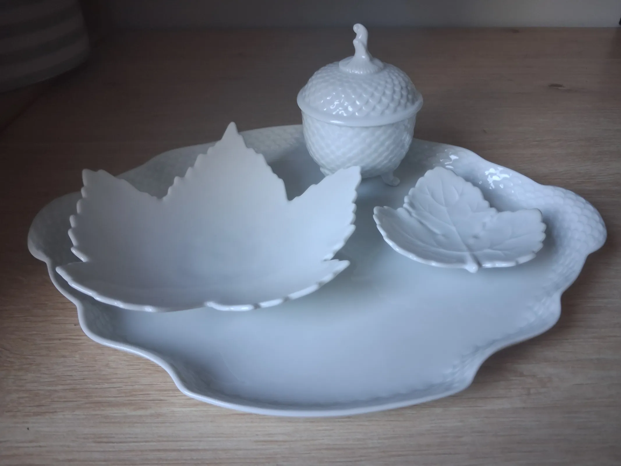 Ekskluzywny komplet białej porcelany Ludwigsburg – Liście i bombonierka