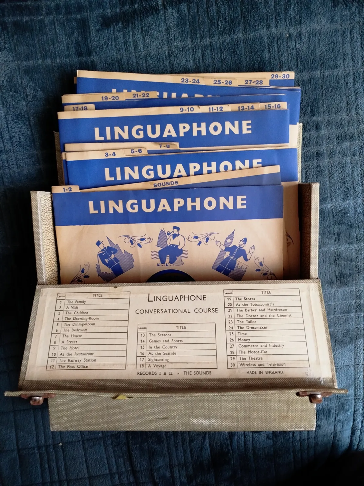 Zabytkowy zestaw płyt Linguaphone – kurs języka włoskiego, oryginalne pudełko, vintage