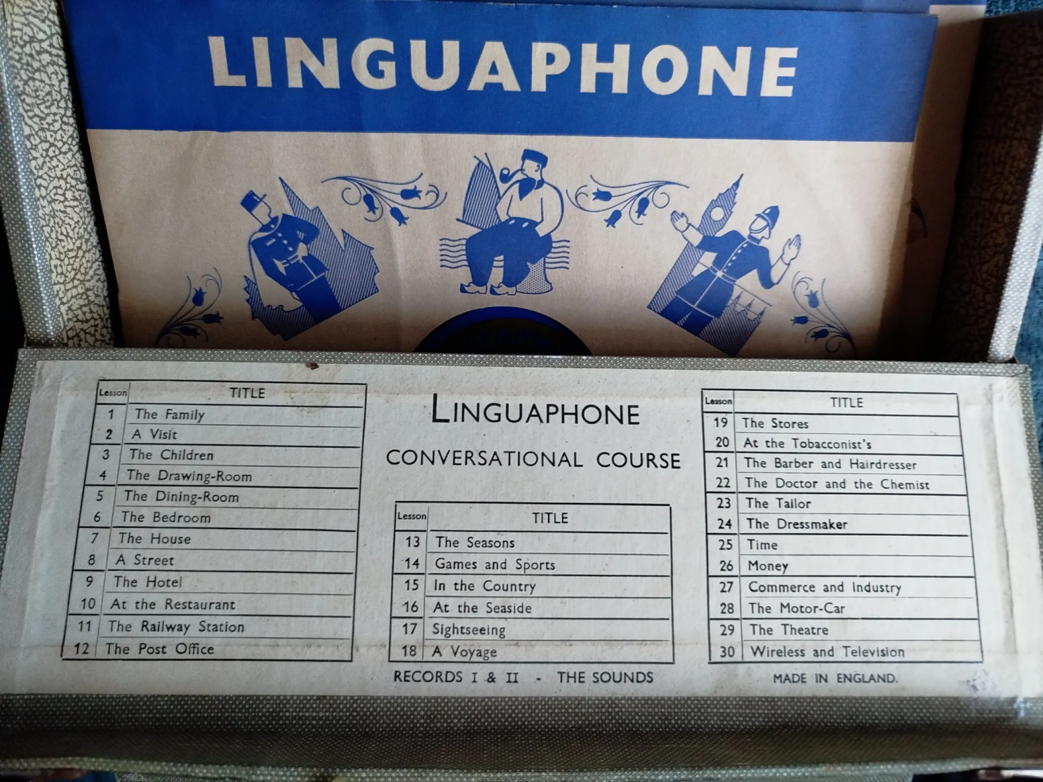 Zabytkowy zestaw płyt Linguaphone – kurs języka włoskiego, oryginalne pudełko, vintage