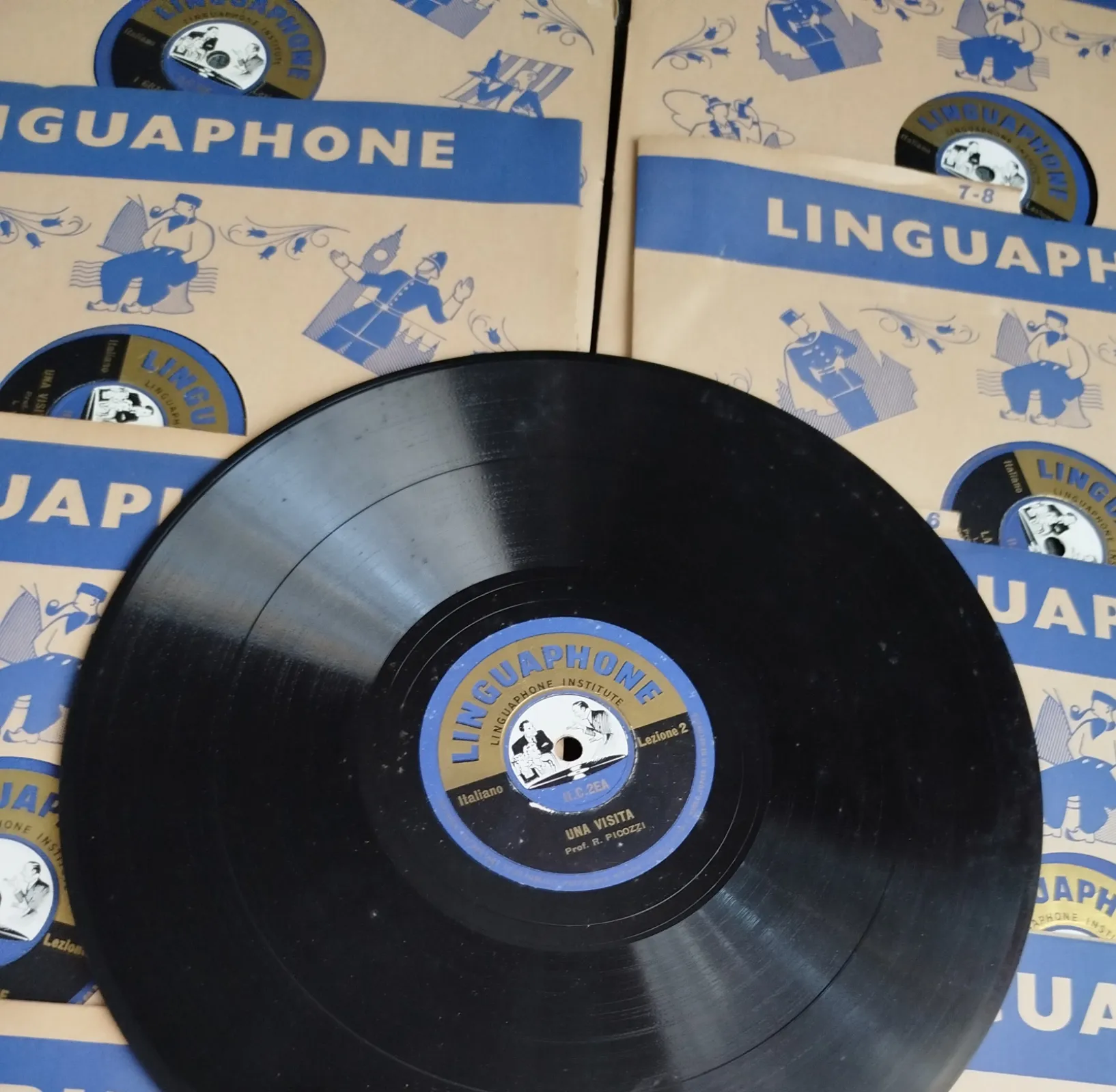 Zabytkowy zestaw płyt Linguaphone – kurs języka włoskiego, oryginalne pudełko, vintage