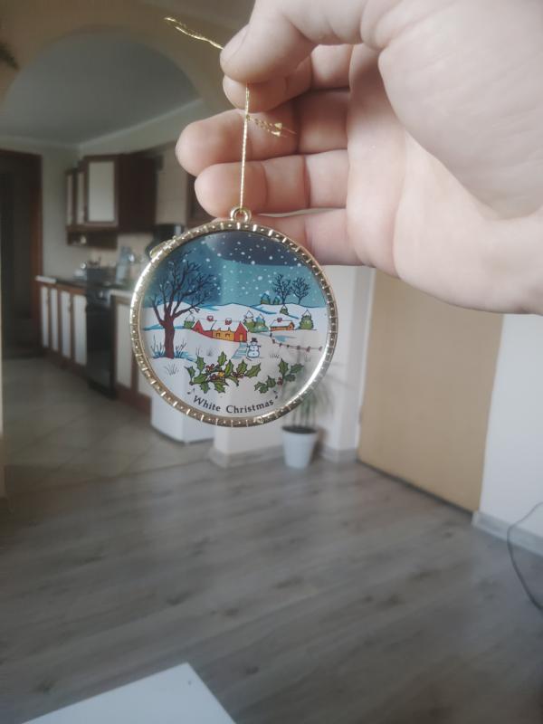 Szklany Medalion Choinkowy 7cm Vintage  White Christmas