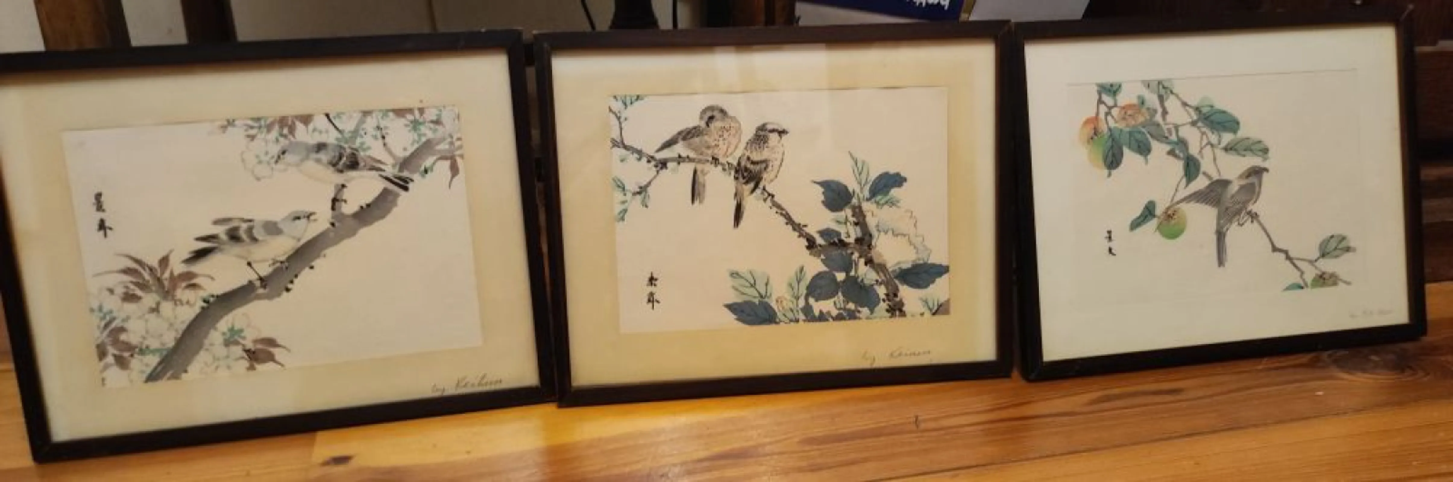 Japonia Matsumura Keibun (1779-1843) Ptaszki na gałęzi Zestaw 3 drzeworytów