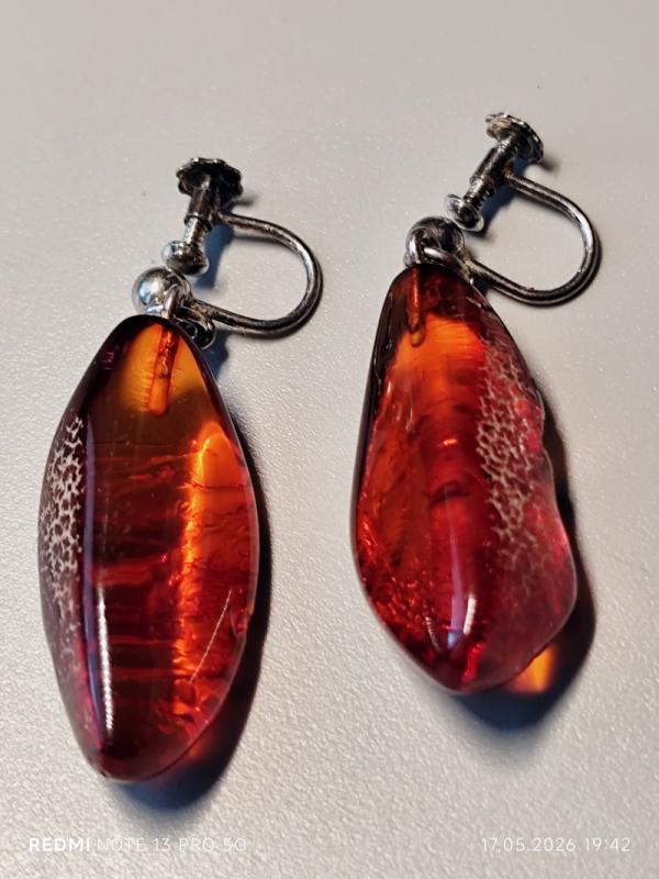 Srebrne klipso - kolczyki - srebro 925 Sterling + bursztyn - vintage