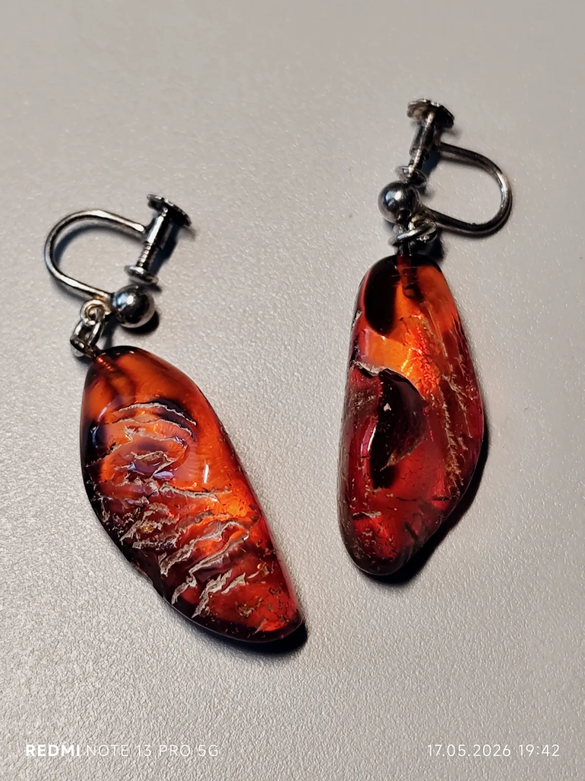 Srebrne klipso - kolczyki - srebro 925 Sterling + bursztyn - vintage