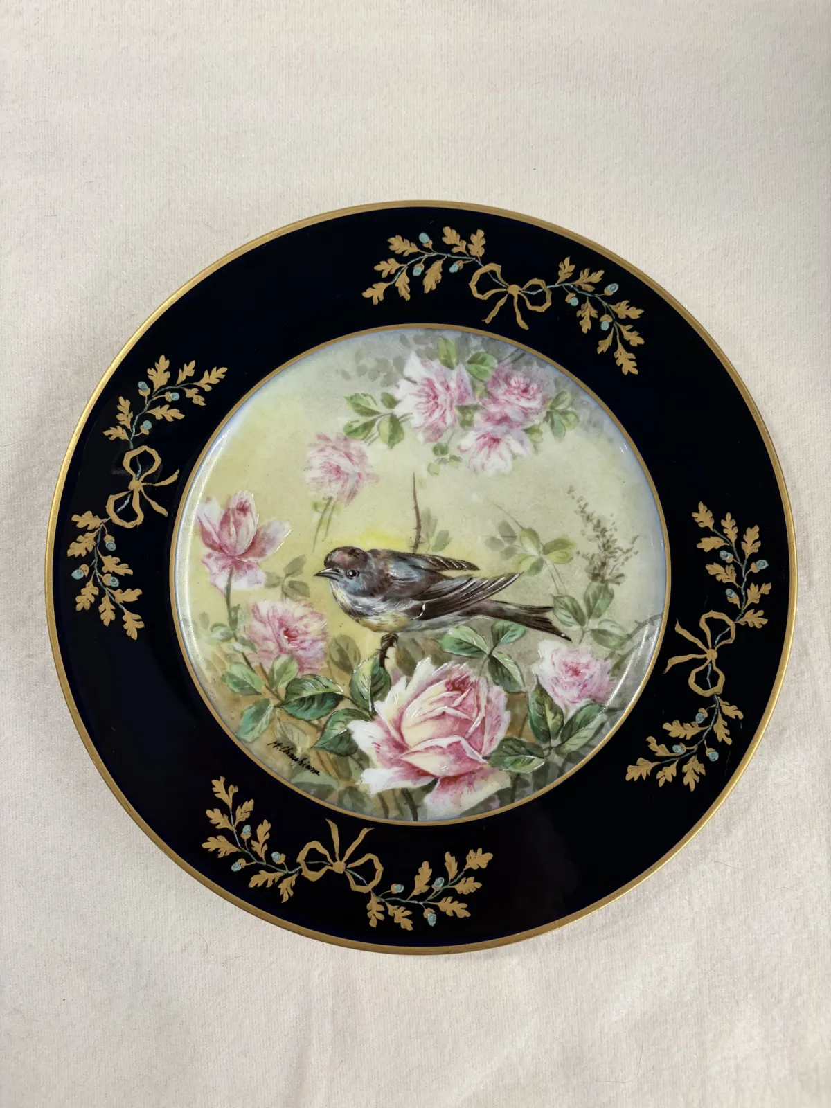 Limoges France 1890-1910 Ahrenfedt / Chauffriasse kobalt złoto róże – ręcznie malowany