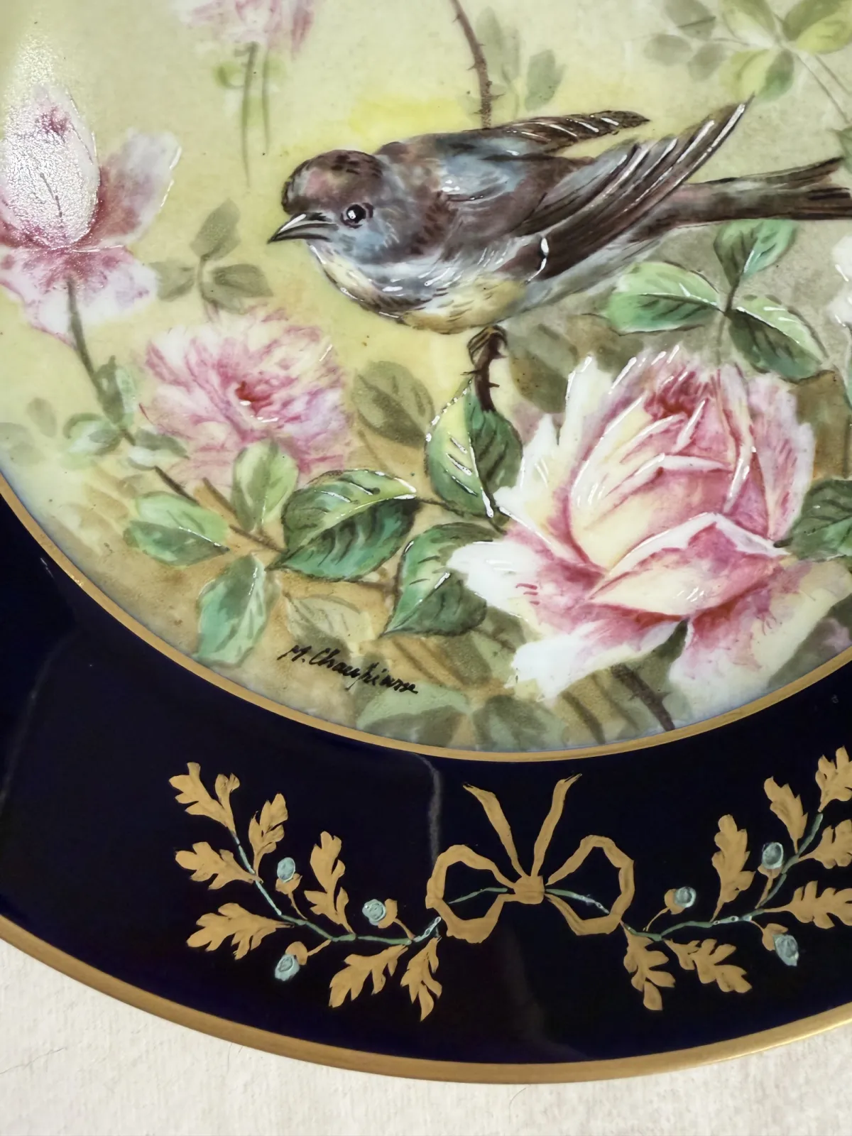Limoges France 1890-1910 Ahrenfedt / Chauffriasse kobalt złoto róże – ręcznie malowany