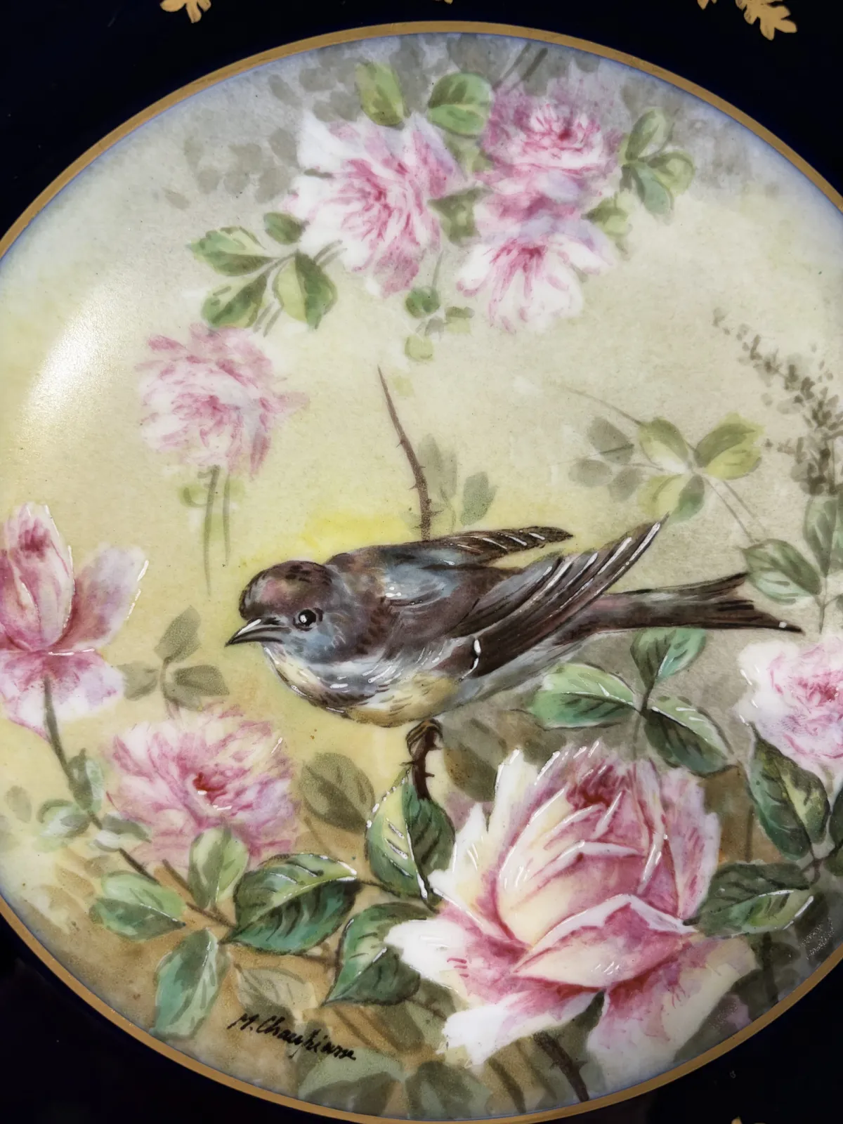 Limoges France 1890-1910 Ahrenfedt / Chauffriasse kobalt złoto róże – ręcznie malowany