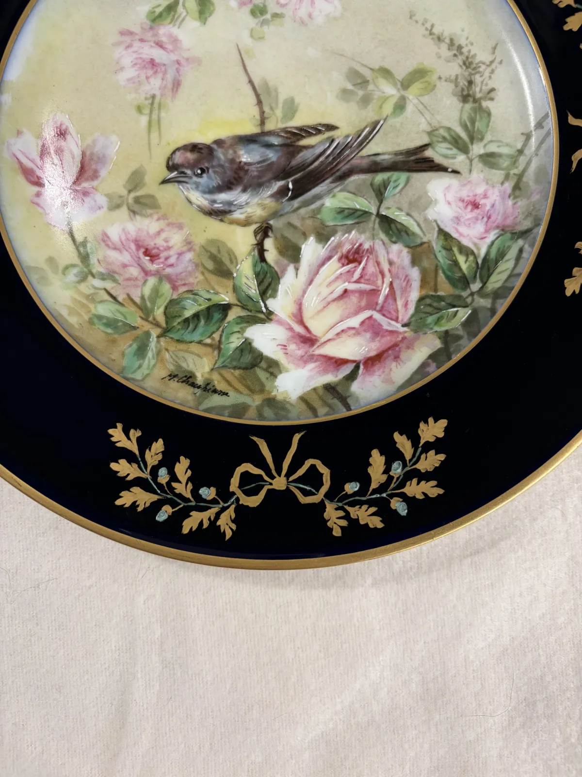 Limoges France 1890-1910 Ahrenfedt / Chauffriasse kobalt złoto róże – ręcznie malowany