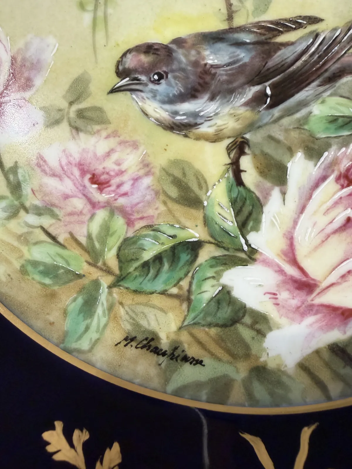Limoges France 1890-1910 Ahrenfedt / Chauffriasse kobalt złoto róże – ręcznie malowany