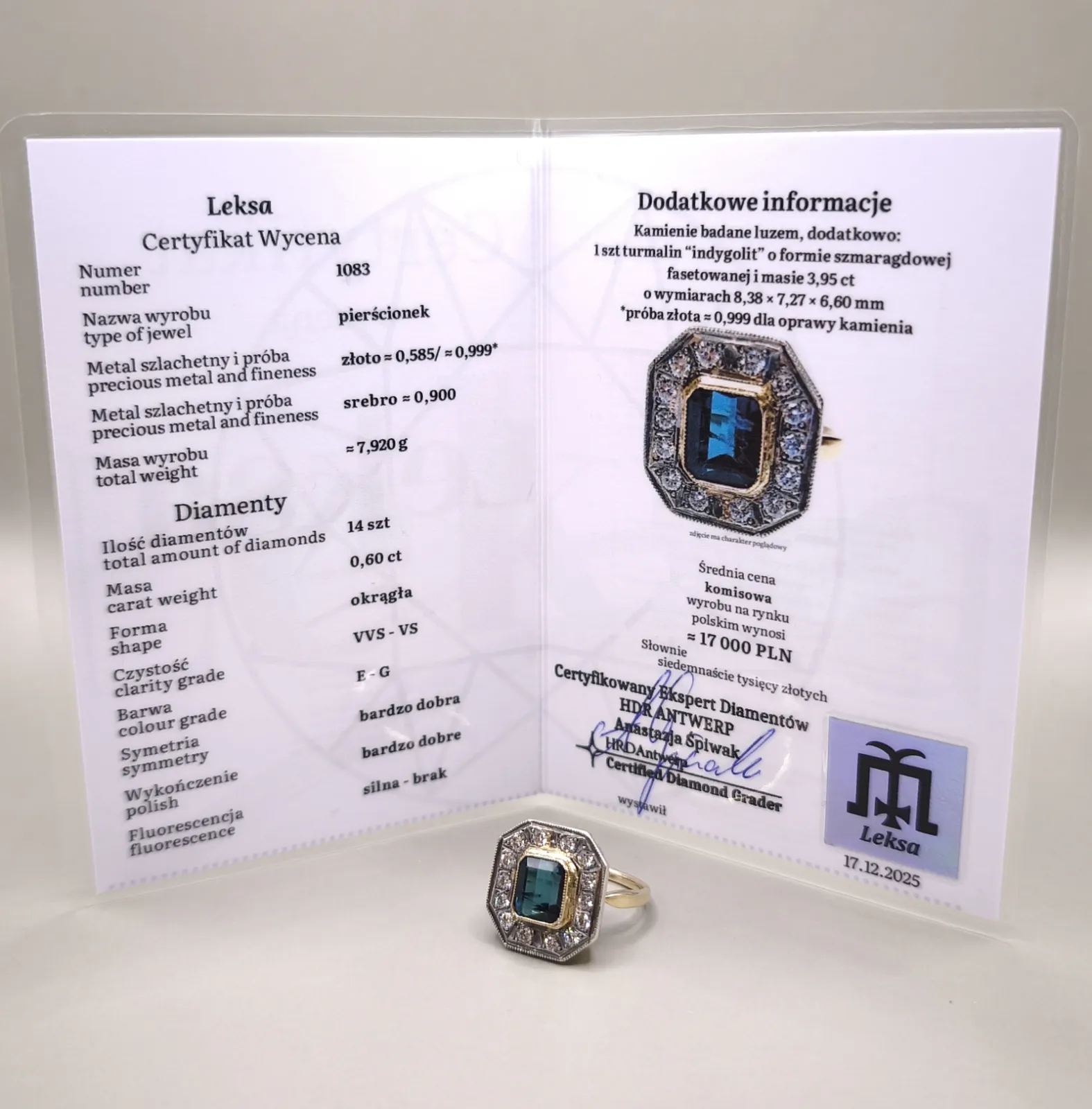 Luksusowy Pierścionek z Indygolitem i Diamentami wycena 17 tyś certyfikat