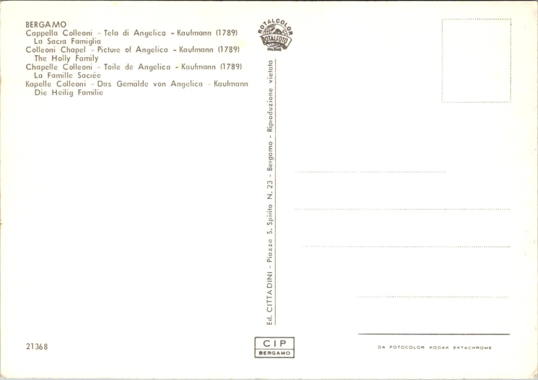Pocztówka/ Święta Rodzina/ Angelica Kaufmann/ Bergamo Włochy/ ok. lata 70