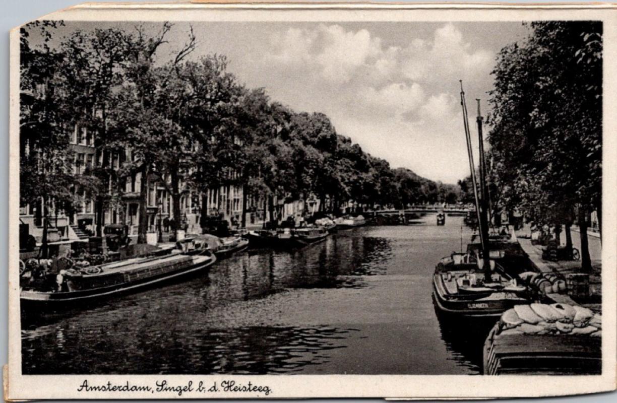 Pocztówka/ Widok Amsterdam Singel/ Heisteeg łodzie/ Amsterdam/ Holandia/ ok. lata 30