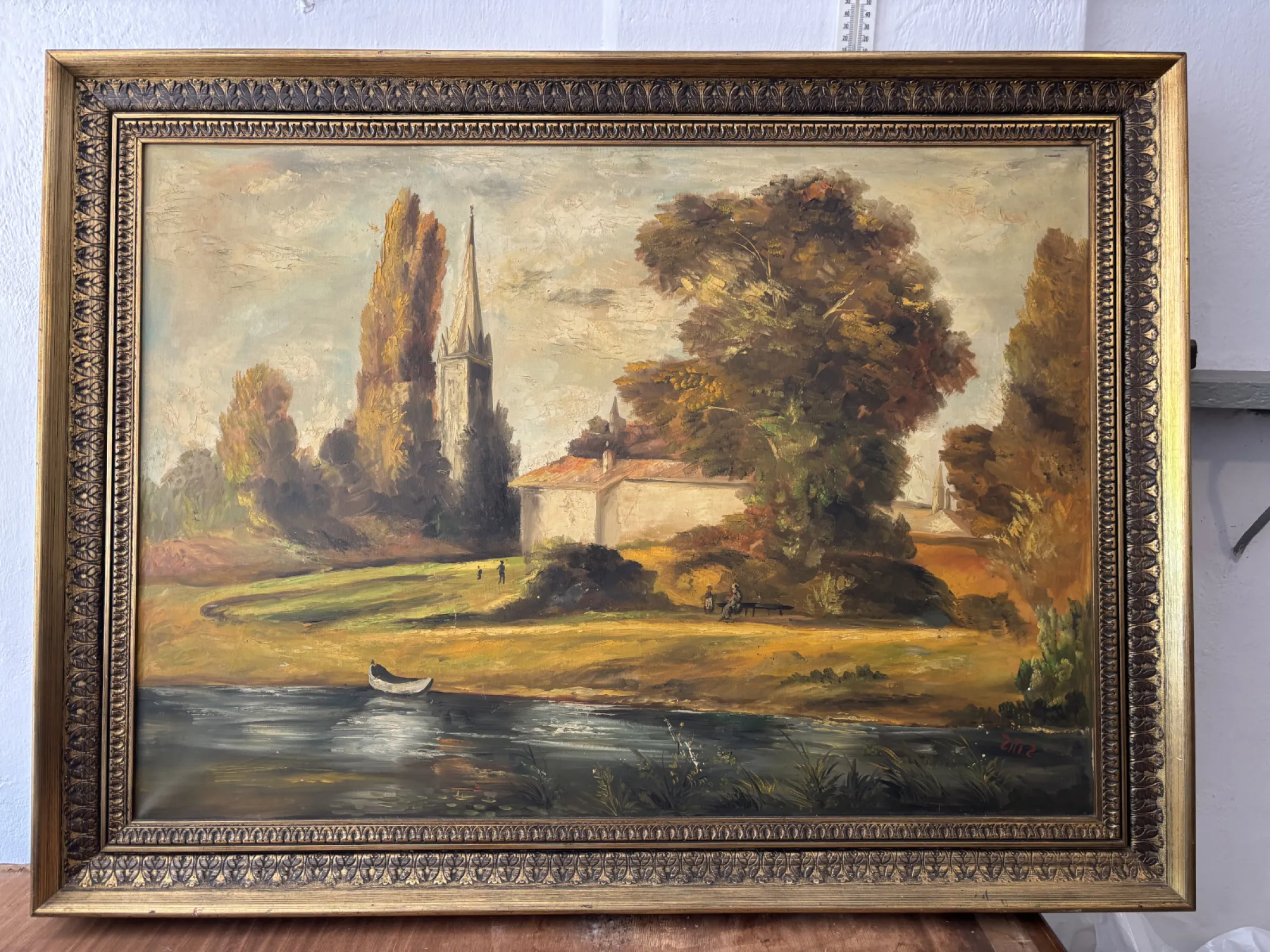 Duży obraz olejny vintage pejzaż w bogatej ramie 119x90 cm