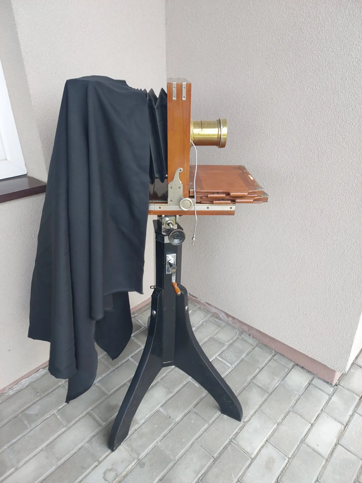 Nr28 Stary aparat wielkoformatowy miechowy drewniak statyw obiektyw kasety