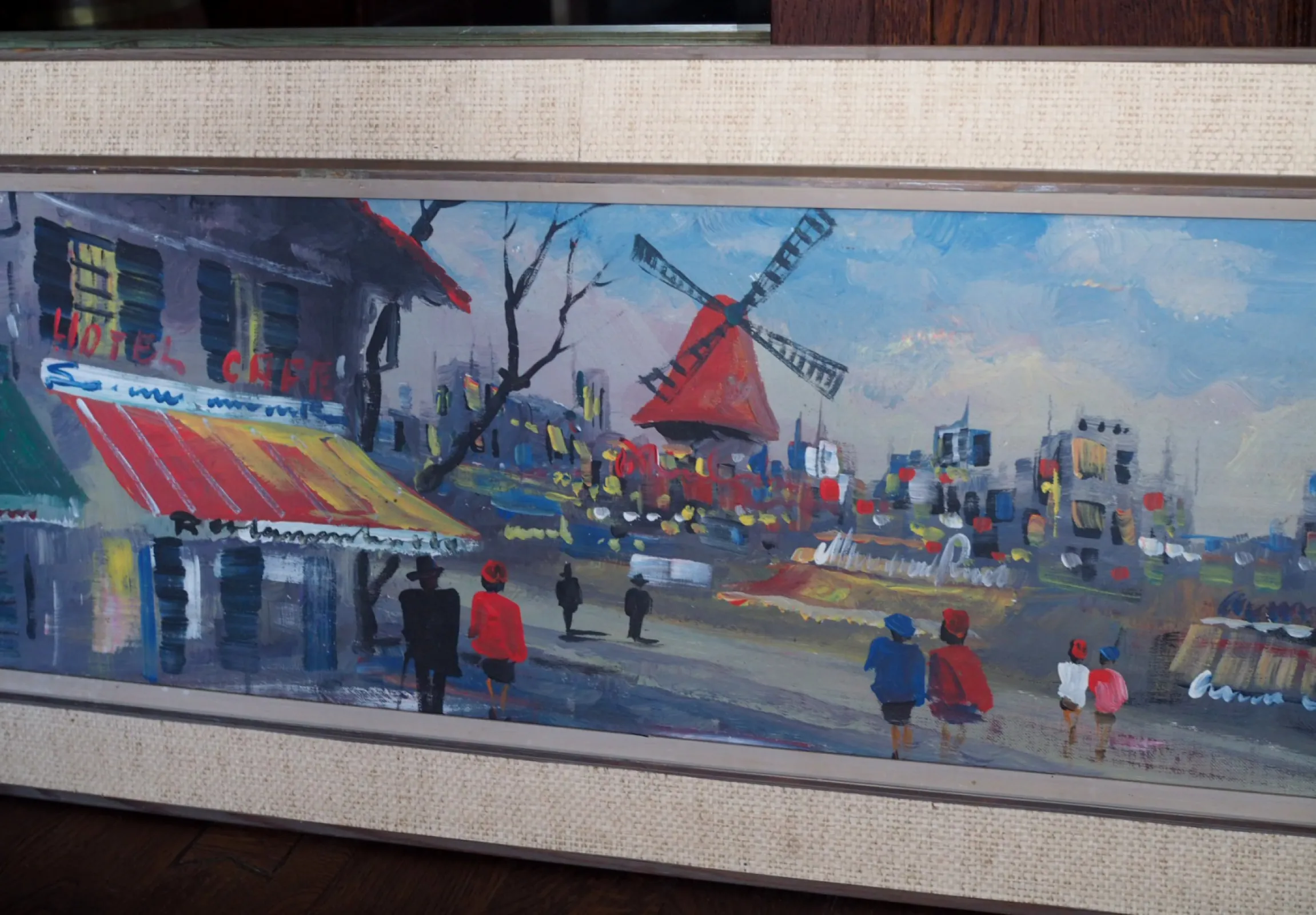 Sygnowany obraz VINTAGE na płótnie. Paryż, Moulin Rouge. Panorama.