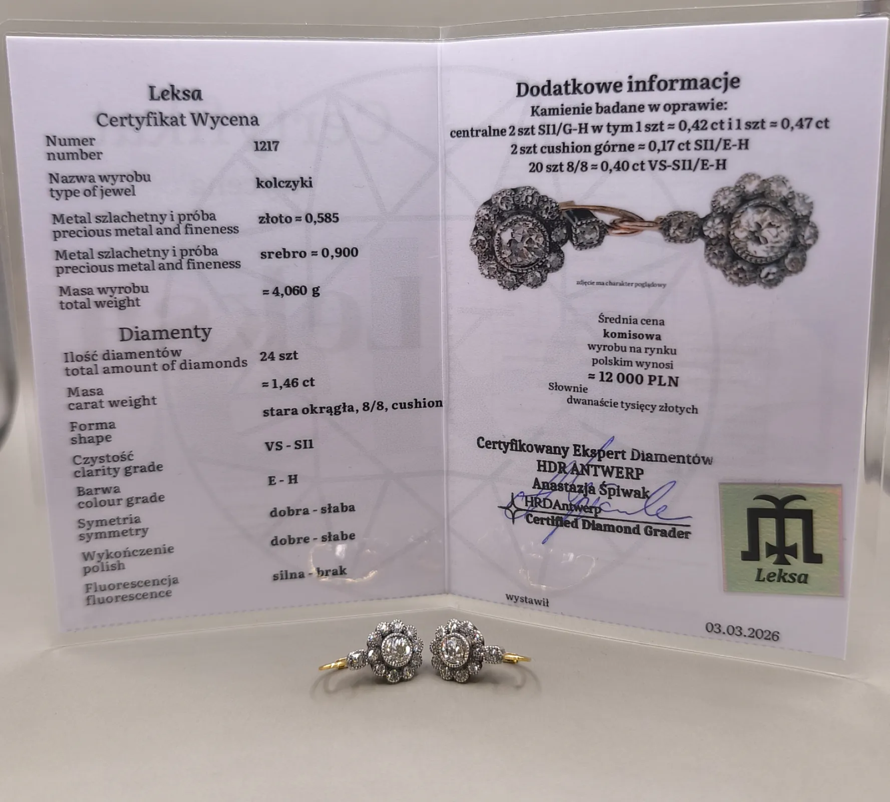 przepiękne złoto srebrne kolczyki z diamentami 1,46 ct Certyfikat