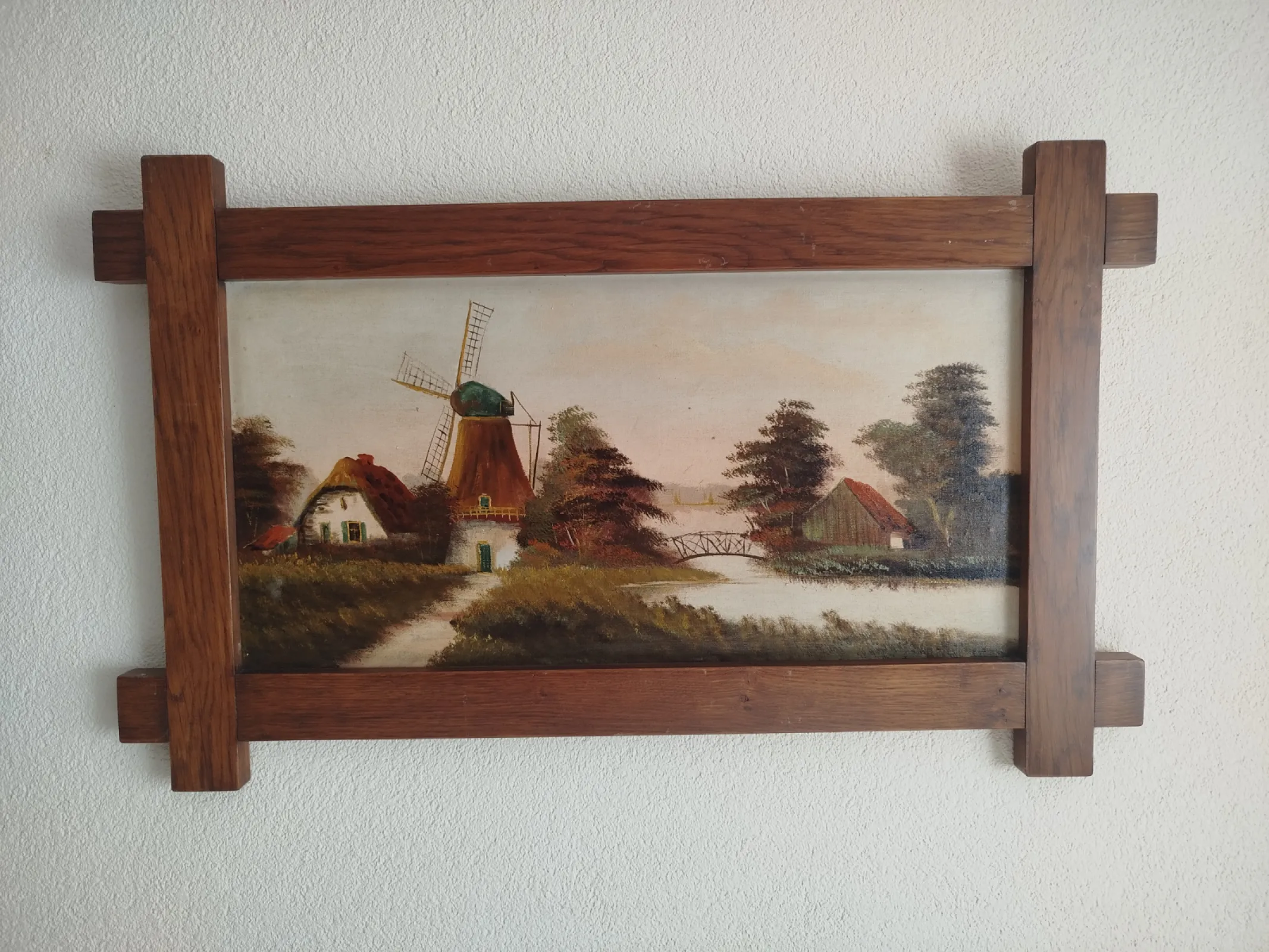 Duży holenderski obraz olejny na płótnie – Wiatrak, oryginalna dębowa rama, 102 × 62 cm, lata 1968-78
