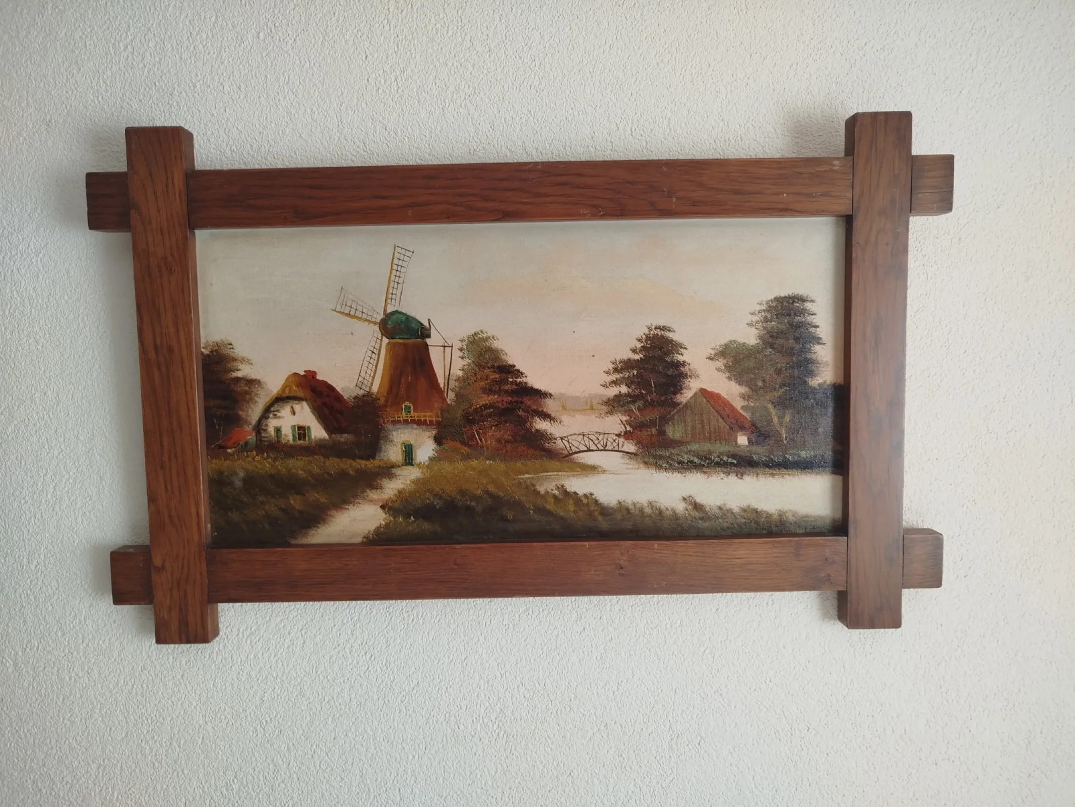 Duży holenderski obraz olejny na płótnie – Wiatrak, oryginalna dębowa rama, 102 × 62 cm, lata 1968-78