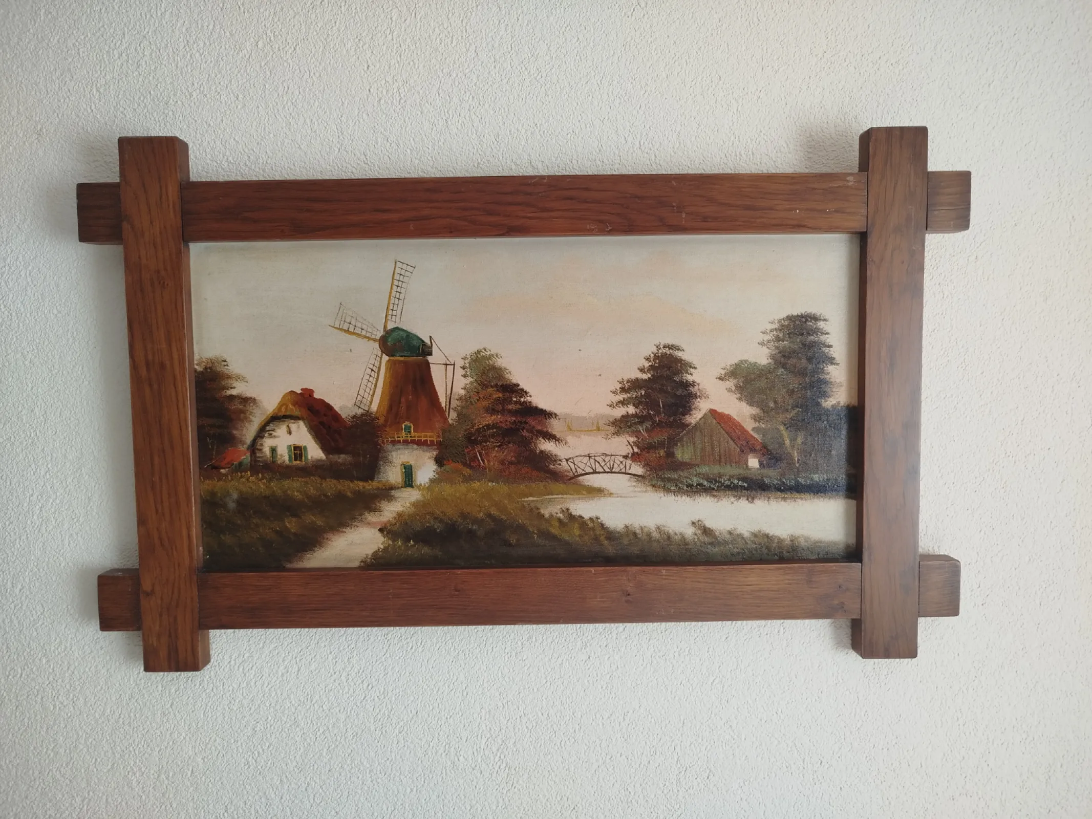 Duży holenderski obraz olejny na płótnie – Wiatrak, oryginalna dębowa rama, 102 × 62 cm, lata 1968-78