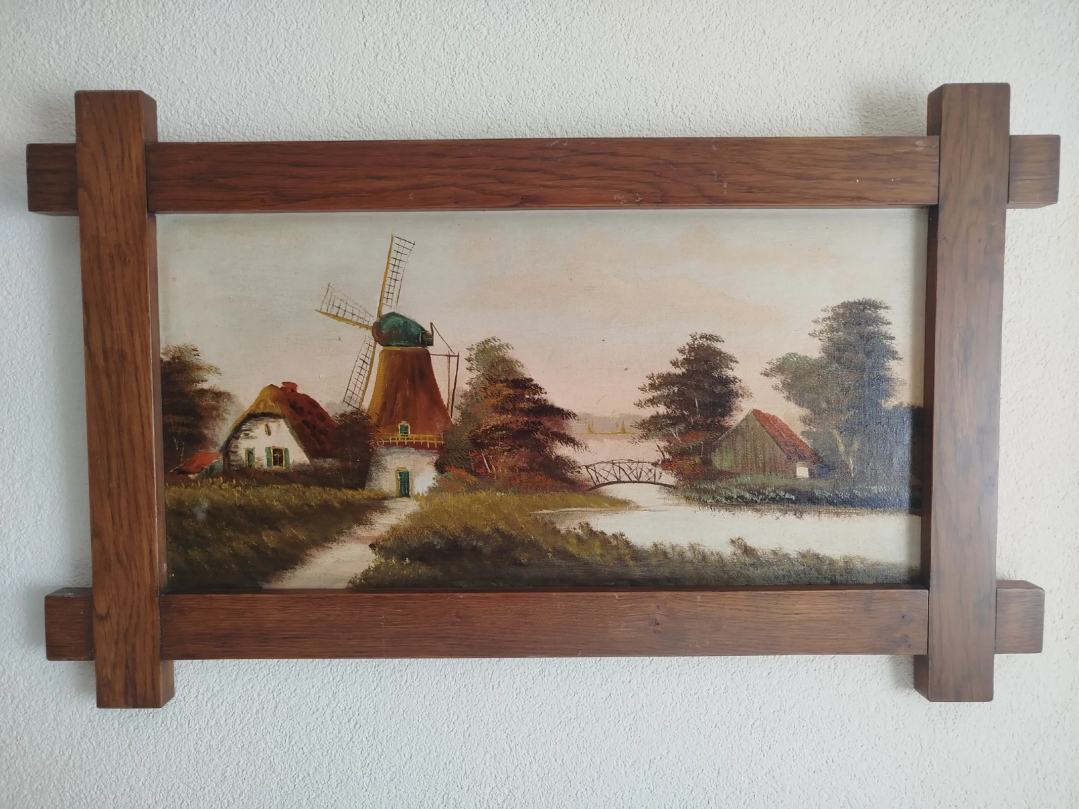 Duży holenderski obraz olejny na płótnie – Wiatrak, oryginalna dębowa rama, 102 × 62 cm, lata 1968-78