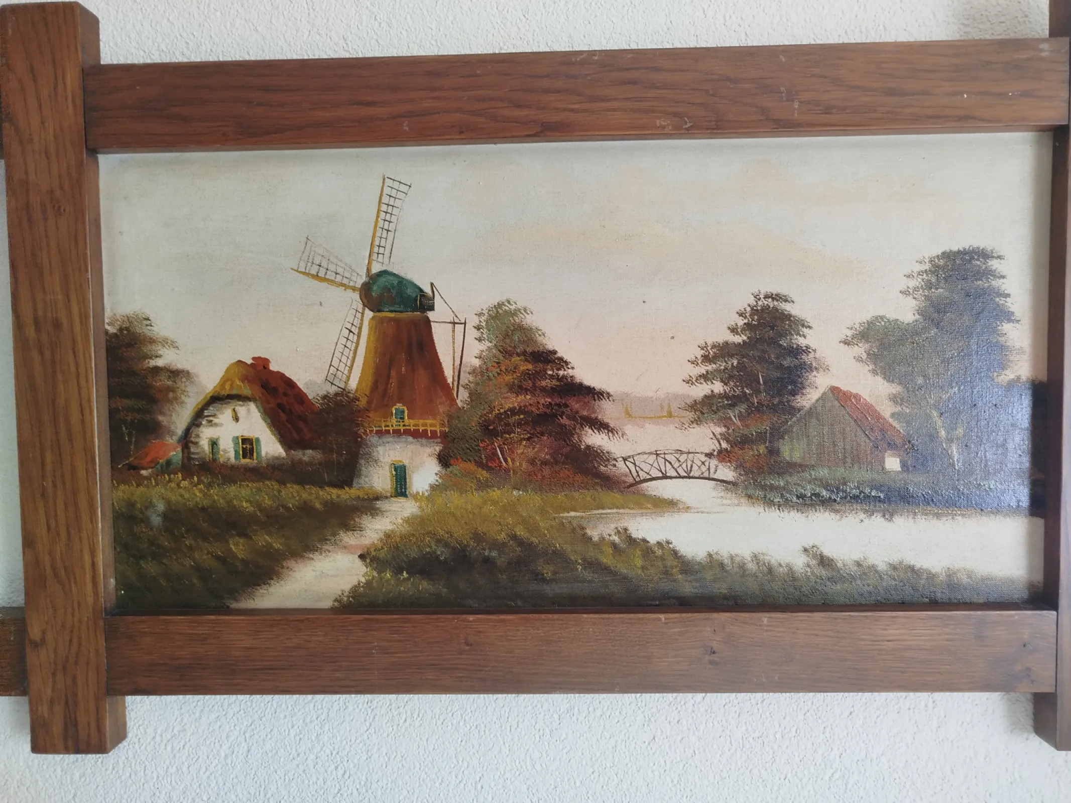 Duży holenderski obraz olejny na płótnie – Wiatrak, oryginalna dębowa rama, 102 × 62 cm, lata 1968-78
