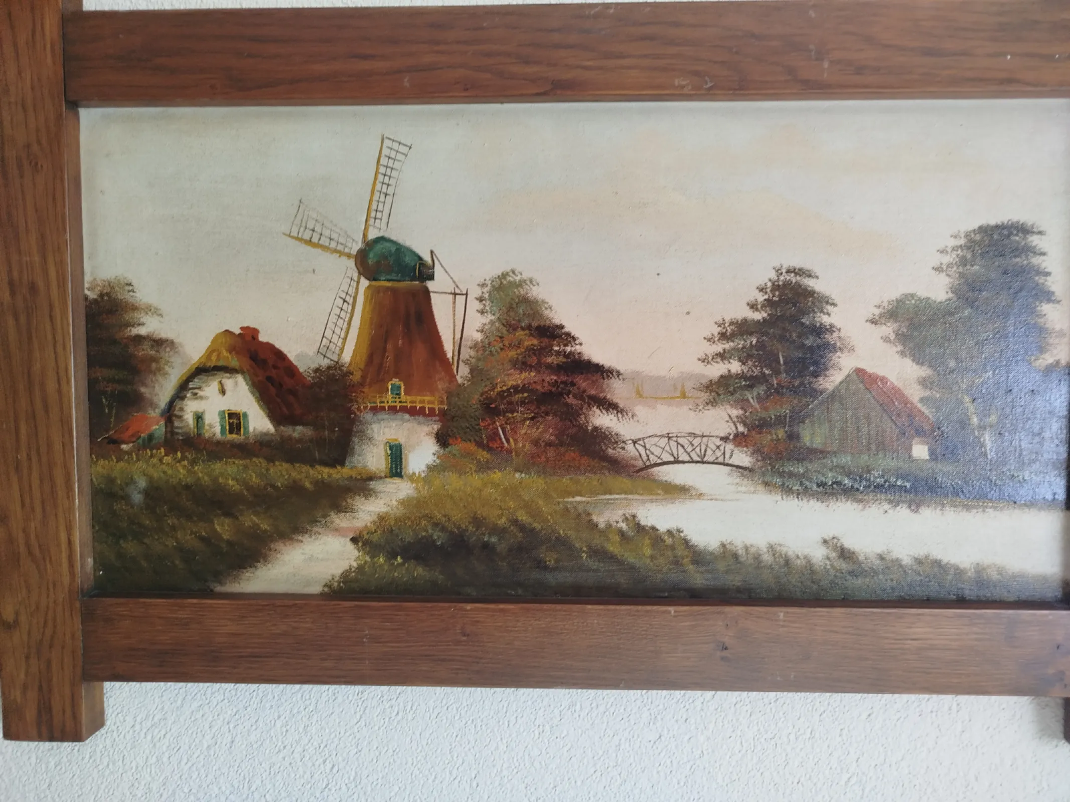 Duży holenderski obraz olejny na płótnie – Wiatrak, oryginalna dębowa rama, 102 × 62 cm, lata 1968-78