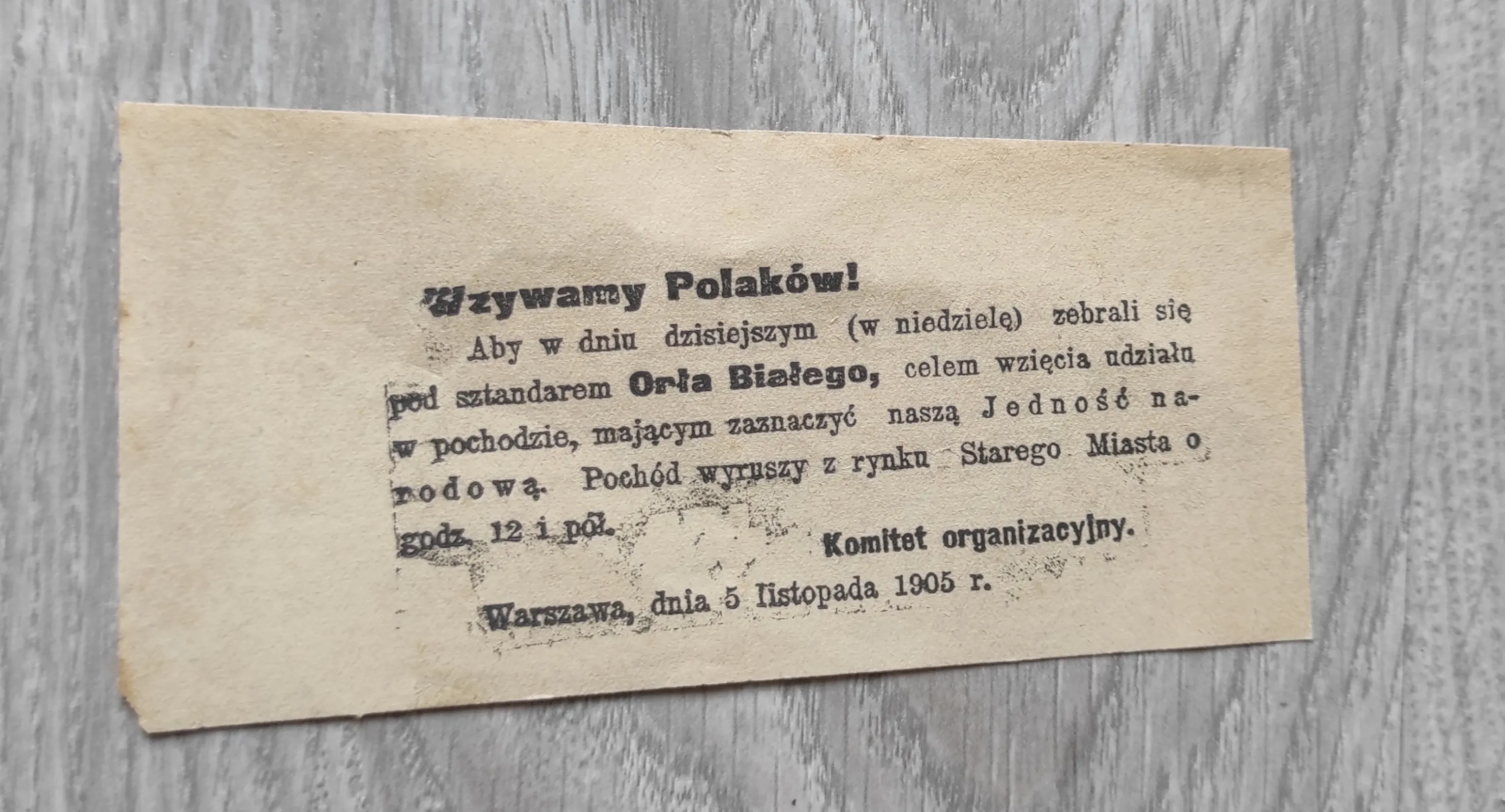 Oryginalna ulotka z okresu rewolucji 1905 roku.