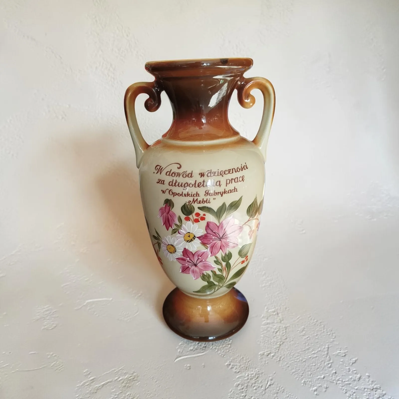 Wazon ceramiczny PRL Tułowice – ręcznie malowany – lata 70. – pamiątkowy, idealny stan