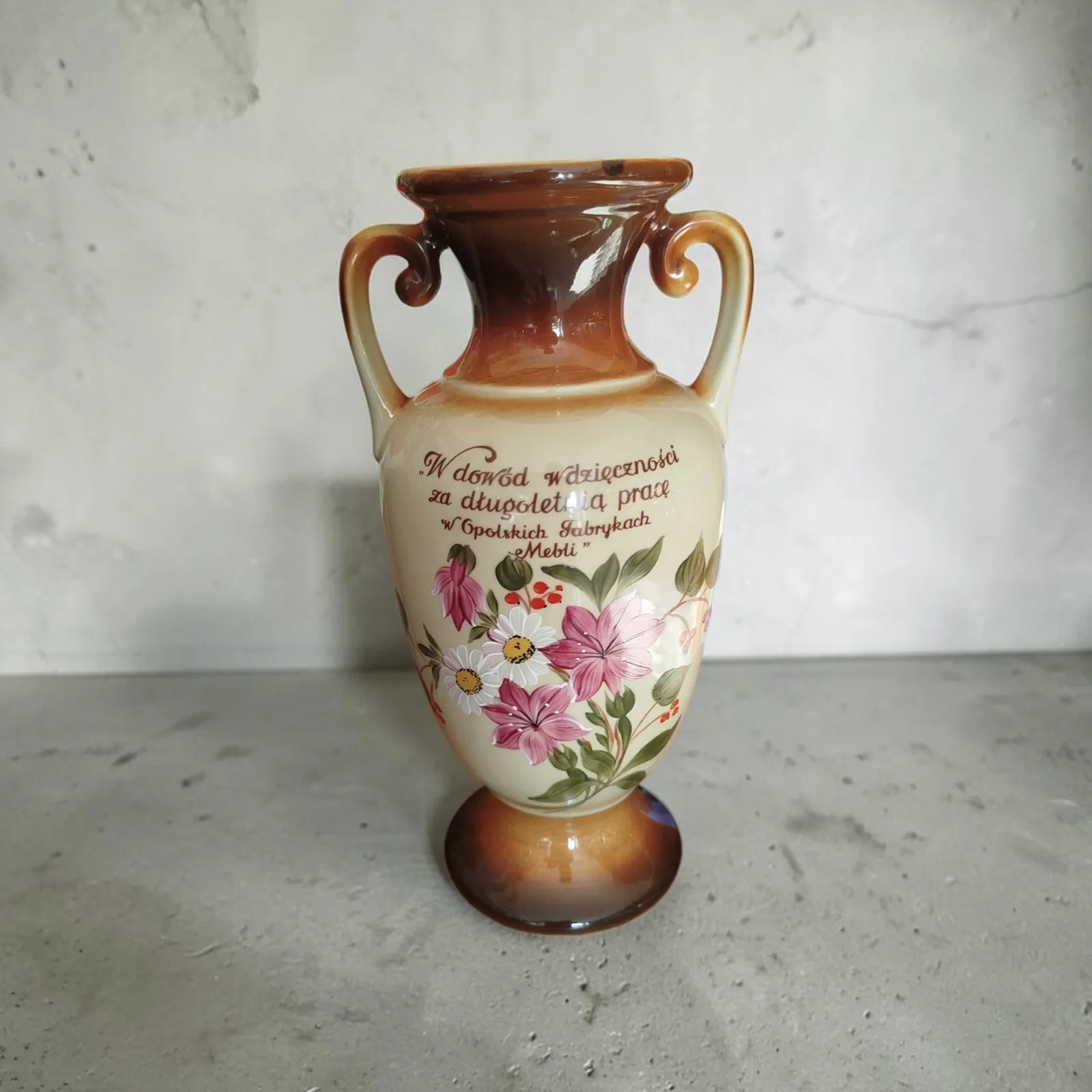 Wazon ceramiczny PRL Tułowice – ręcznie malowany – lata 70. – pamiątkowy, idealny stan