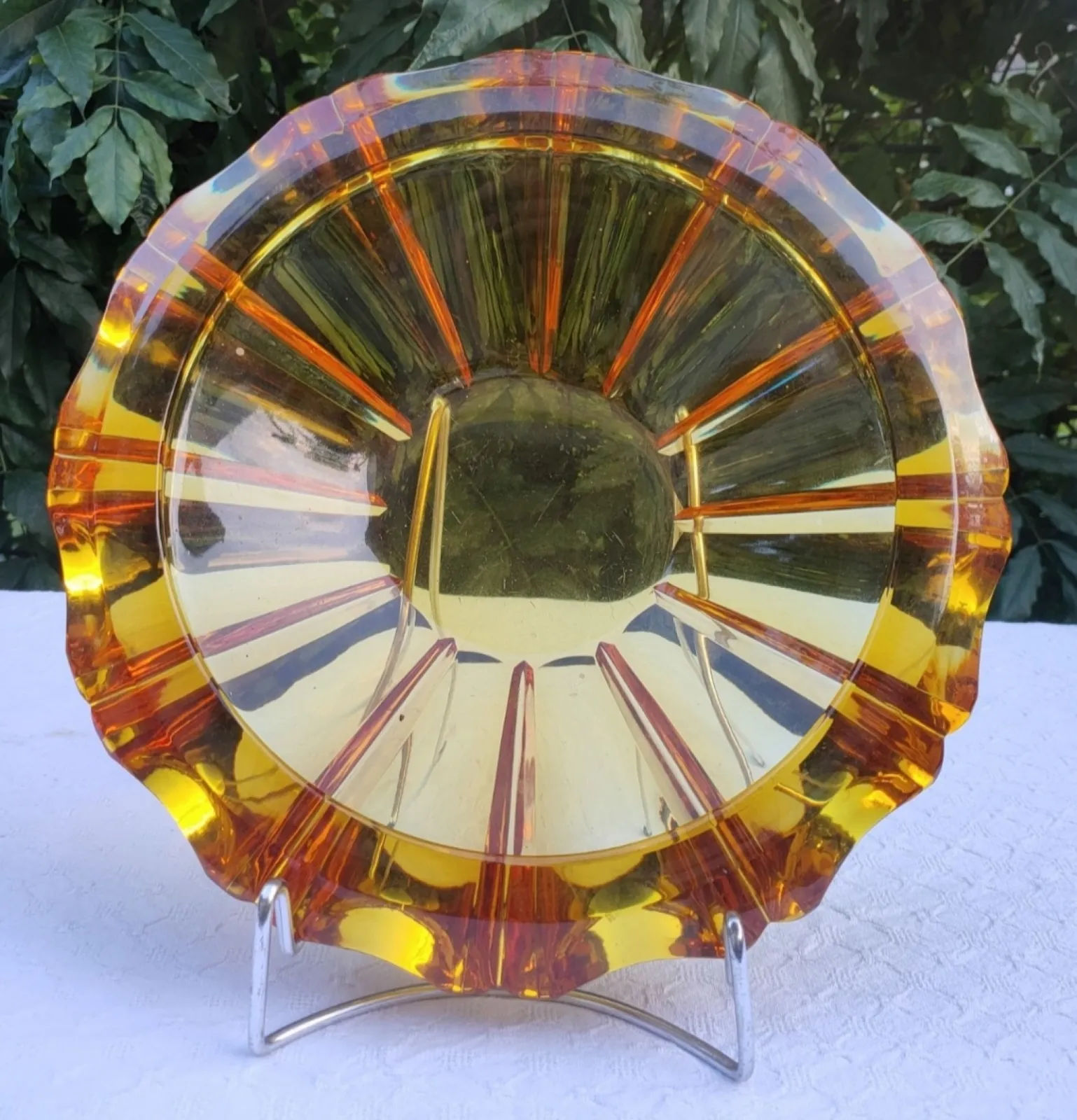 Stara kryształowa patera na owoce, Art Deco, miodowa, c.1950