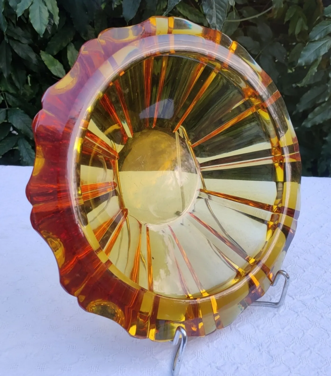 Stara kryształowa patera na owoce, Art Deco, miodowa, c.1950