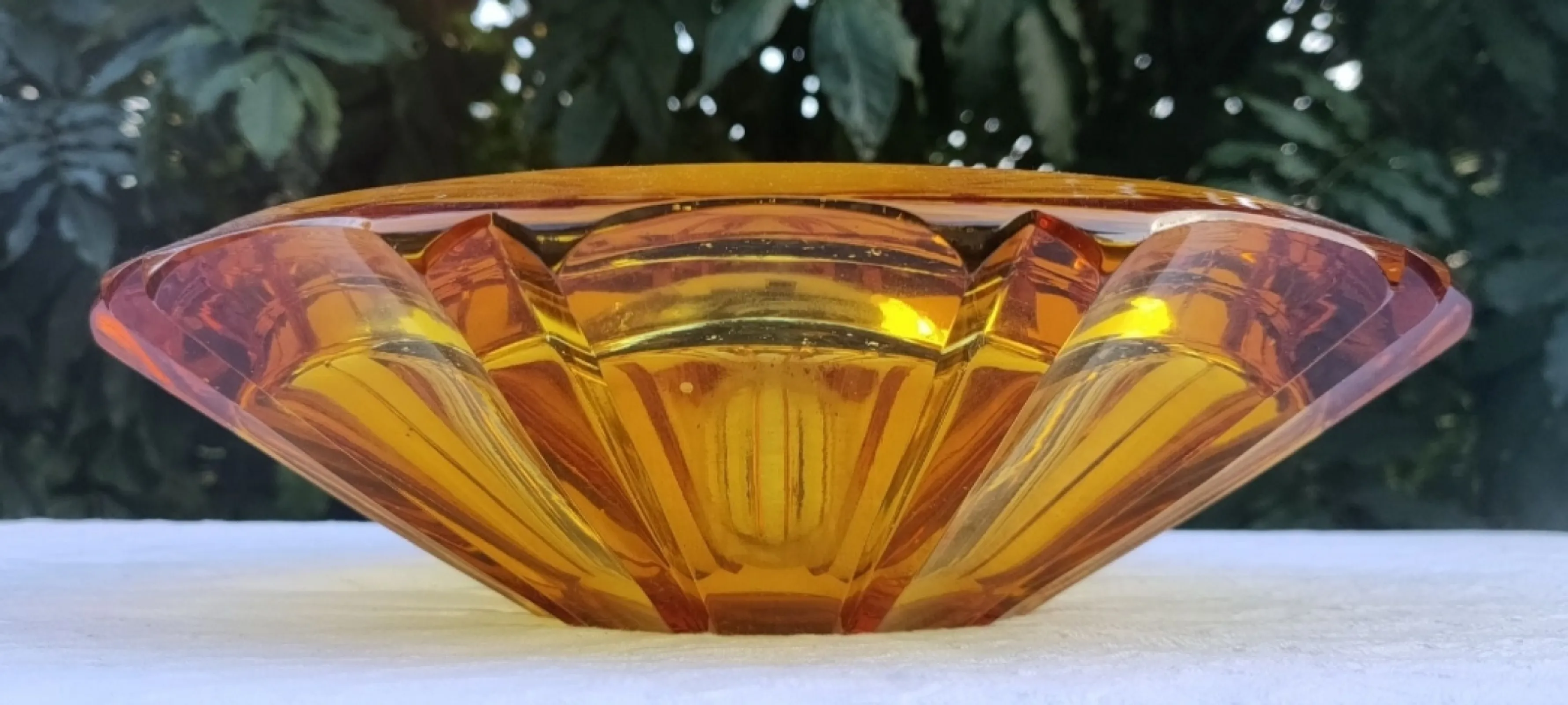 Stara kryształowa patera na owoce, Art Deco, miodowa, c.1950