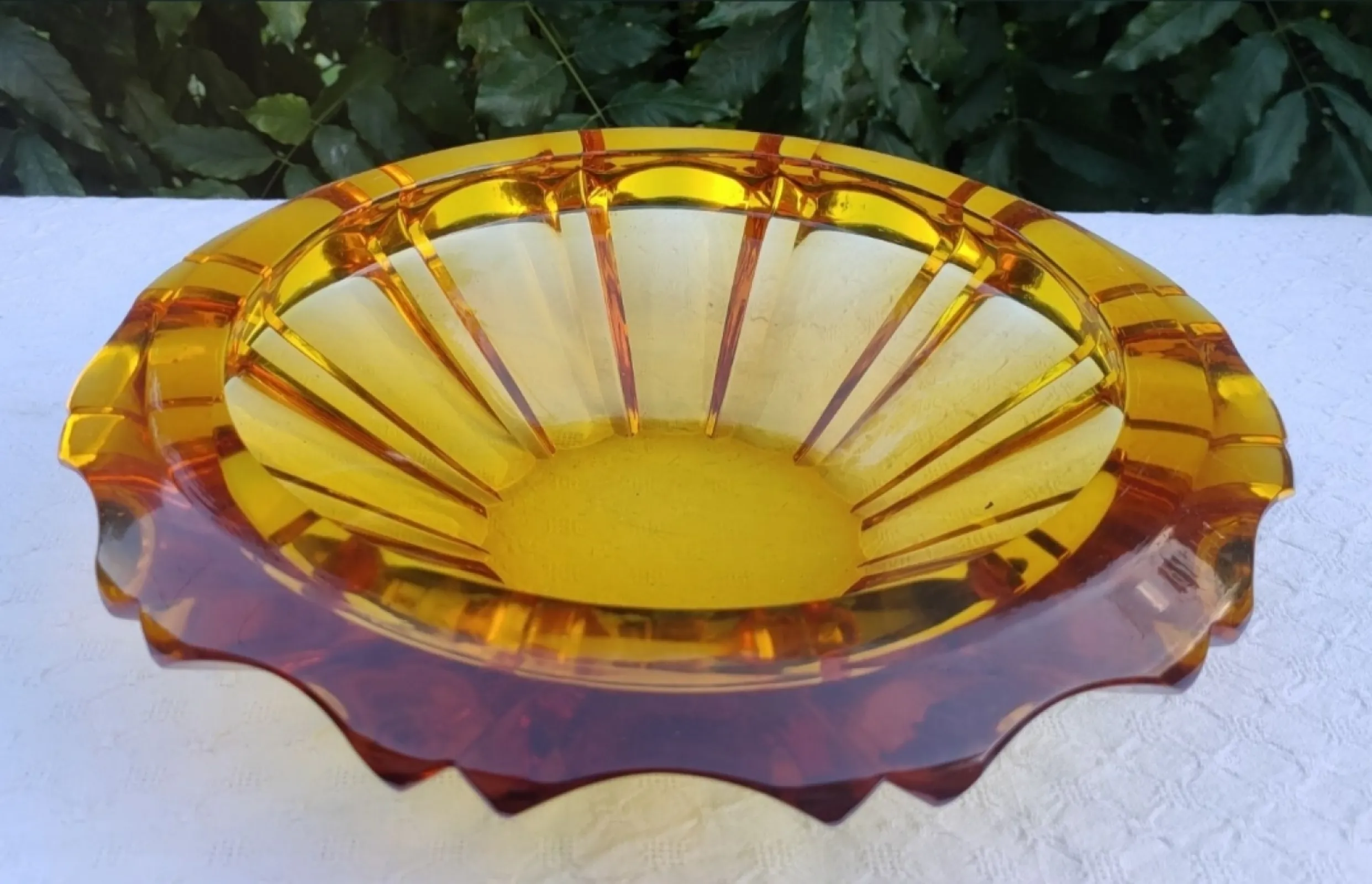 Stara kryształowa patera na owoce, Art Deco, miodowa, c.1950