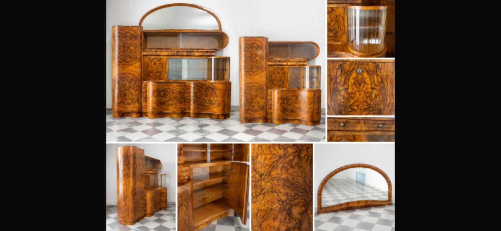 Kredens Art Deco z lustrem | Orzech kaukaski | Po renowacji | Lata 30. XX w.