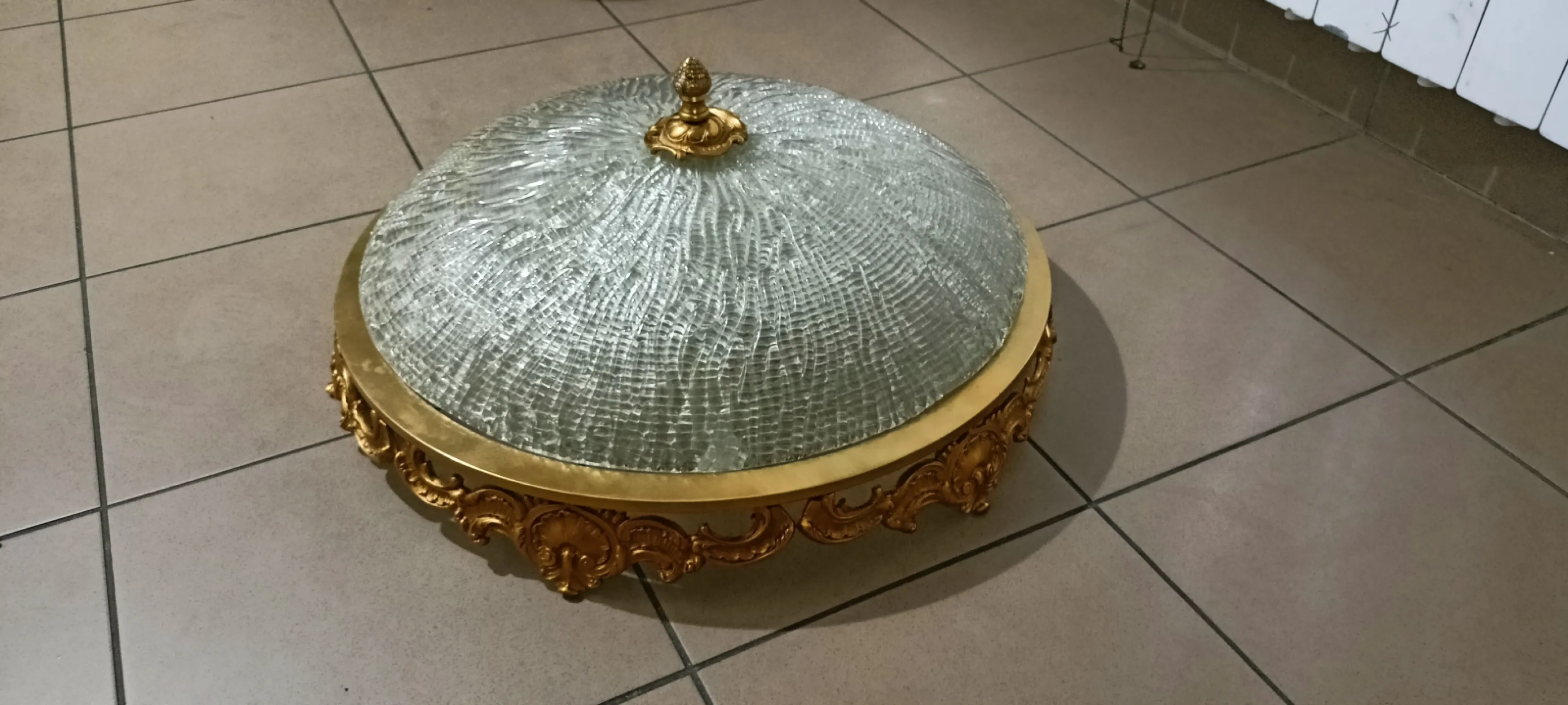 Duży Pałacowy Plafon XXL 55 cm Mosiądz Szkło Lodowe Vintage Retro