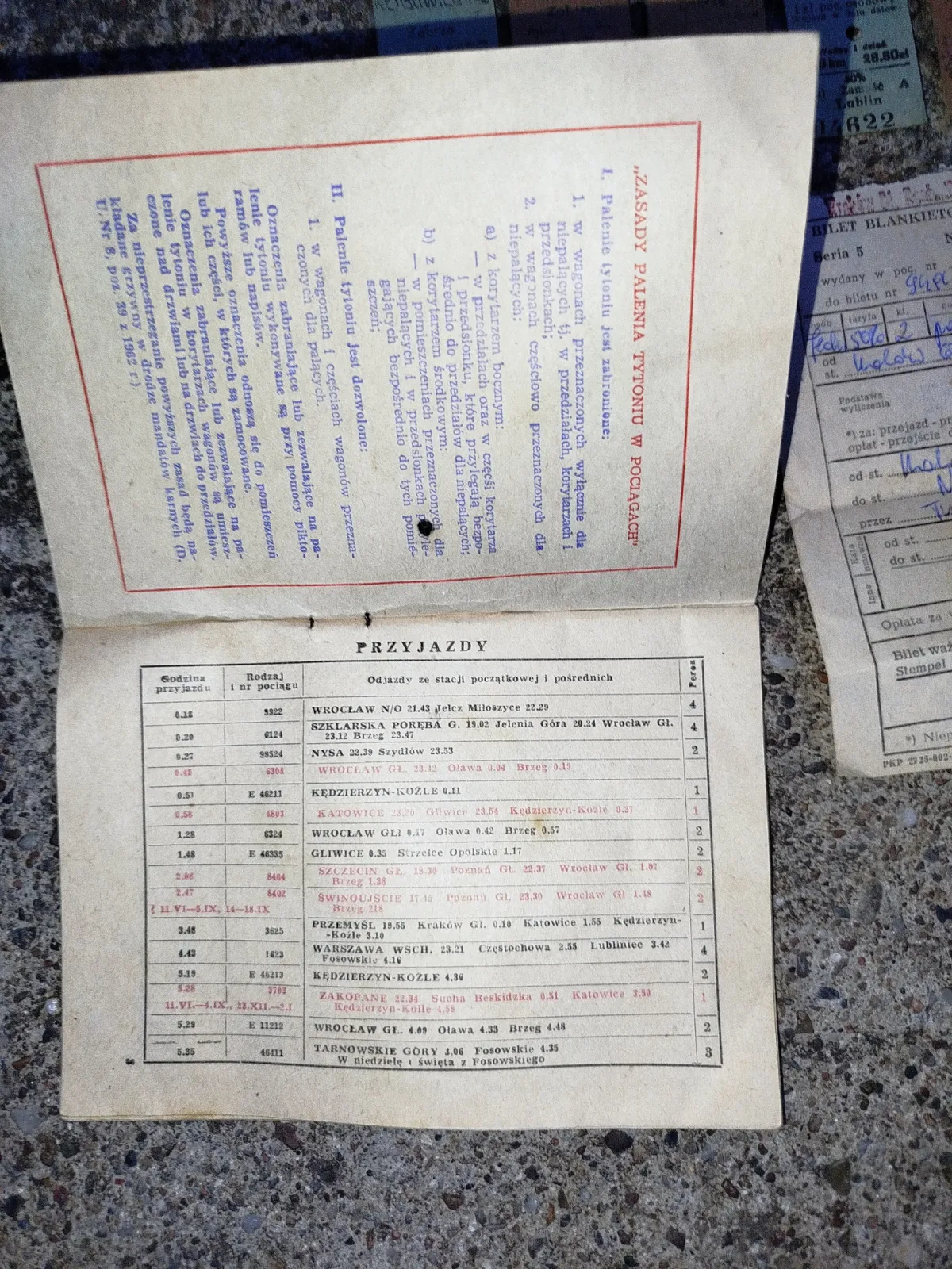 Oryginalny zestaw PKP PRL – rozkład jazdy Opole Główne 1978/79 + bilety