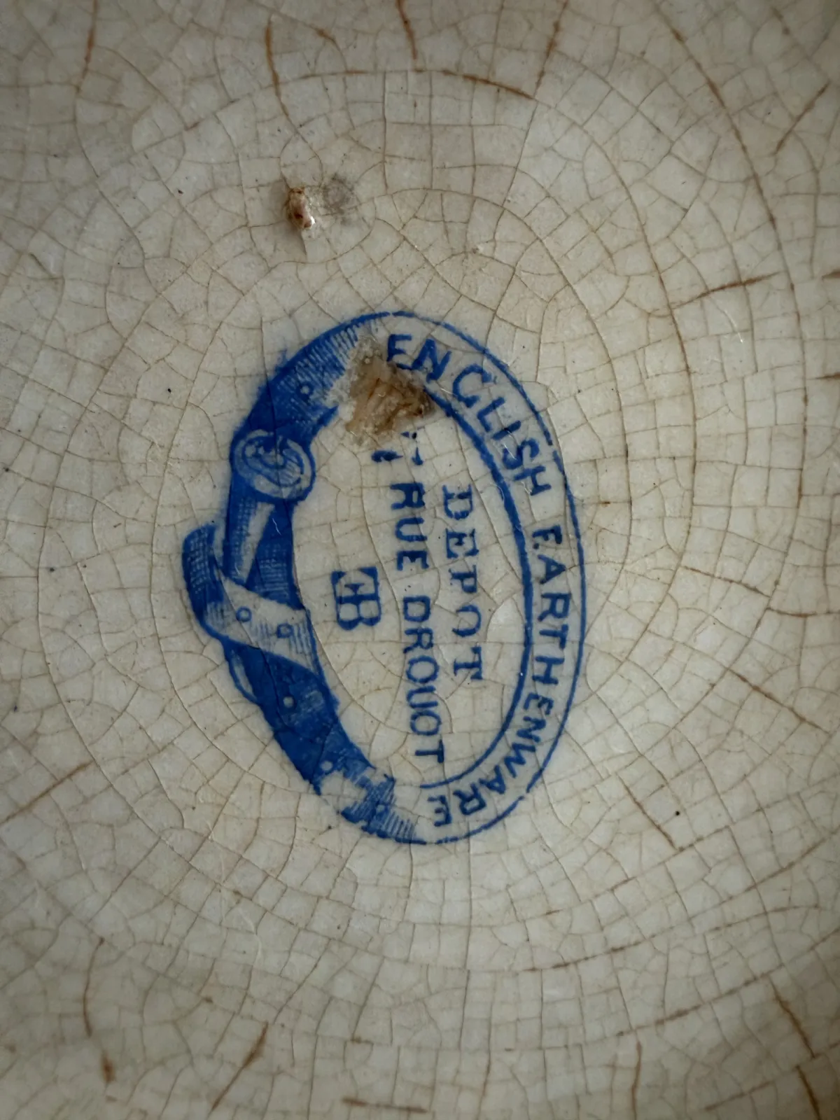 Zabytkowa misa fajansowa „English Earthenware Depot” z uchwytami, dekor kobaltowy