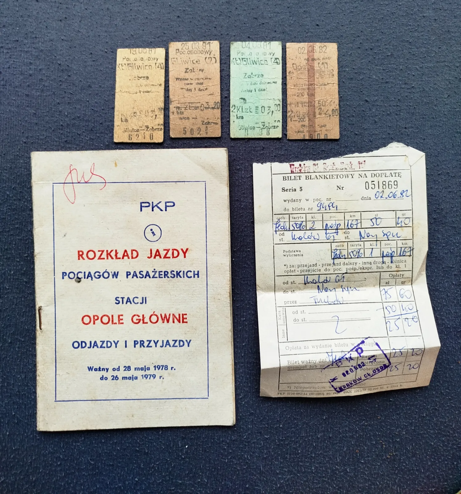Oryginalny zestaw PKP PRL – rozkład jazdy Opole Główne 1978/79 + bilety