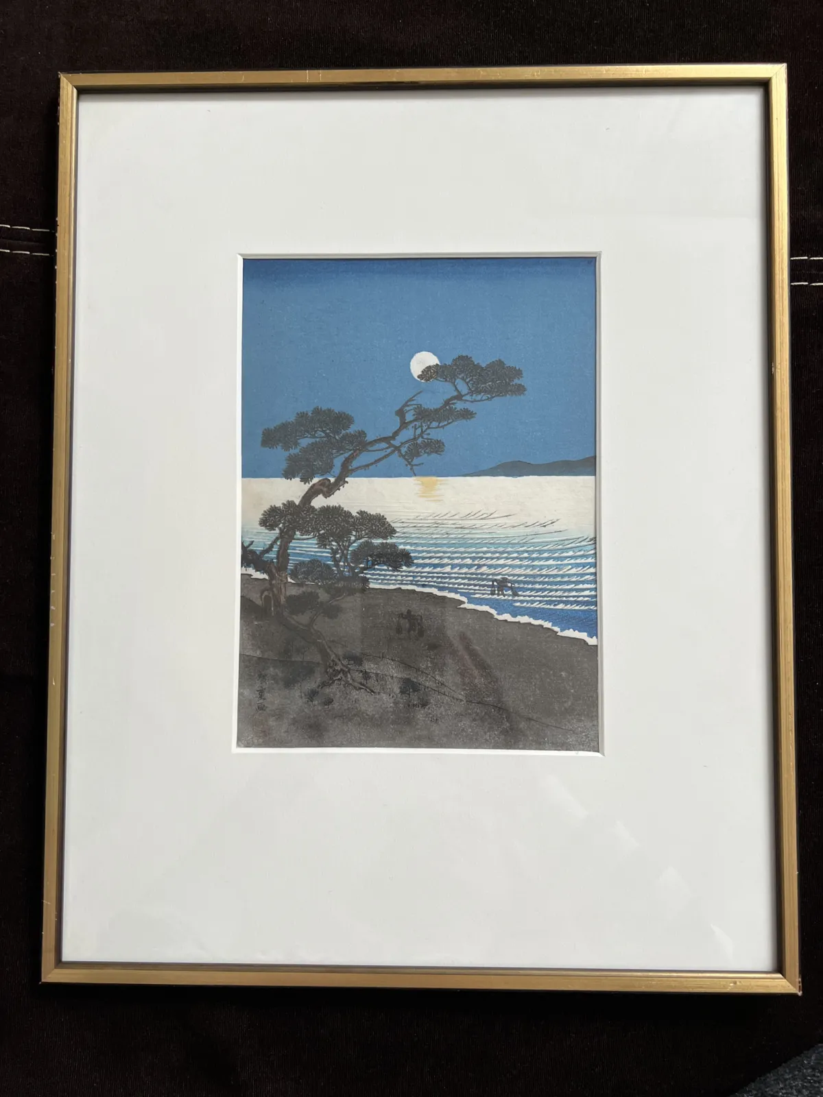 Japoński drzeworyt Arai Yoshimune – Plaża Suma w nocy – shin-hanga, oryginał