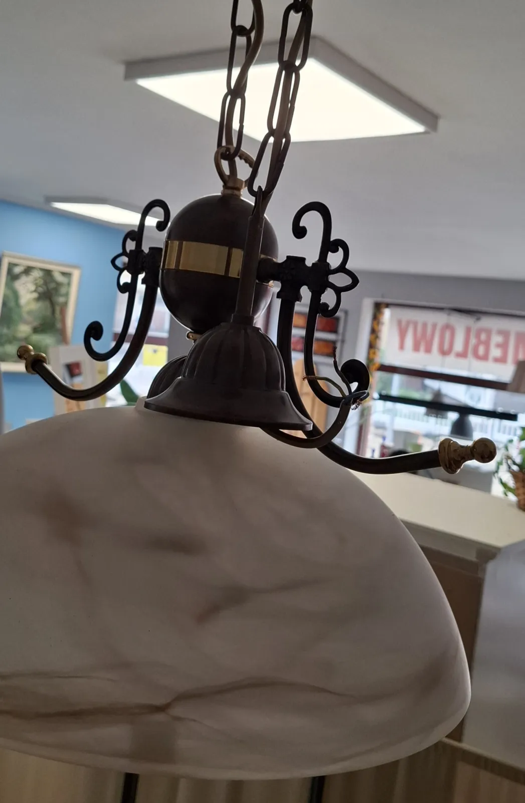 Lampa wisząca retro / vintage – mosiądz i alabaster