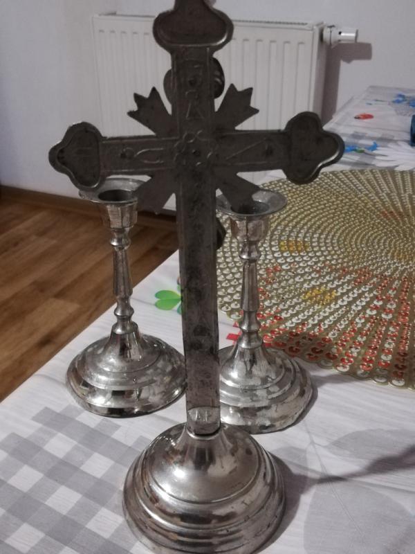 Stary komplet kolędowy ARS Christiana PRL – krucyfiks + 2 świeczniki