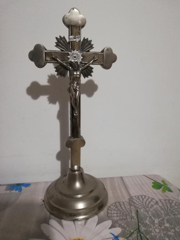 Stary krucyfiks stojący ARS Christiana PRL 29 cm metal drewno